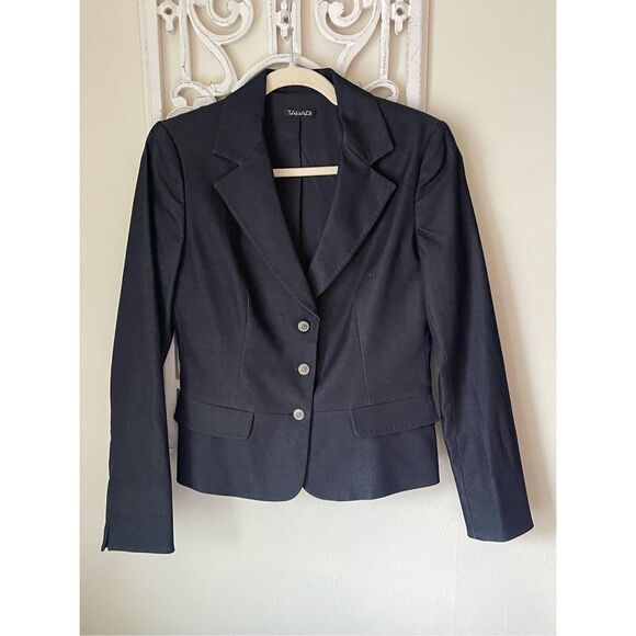 S2 Tahari Dark Blue Denim‎ Jean Stretch Blazer Jacket Size Small - Picture 1 of 6